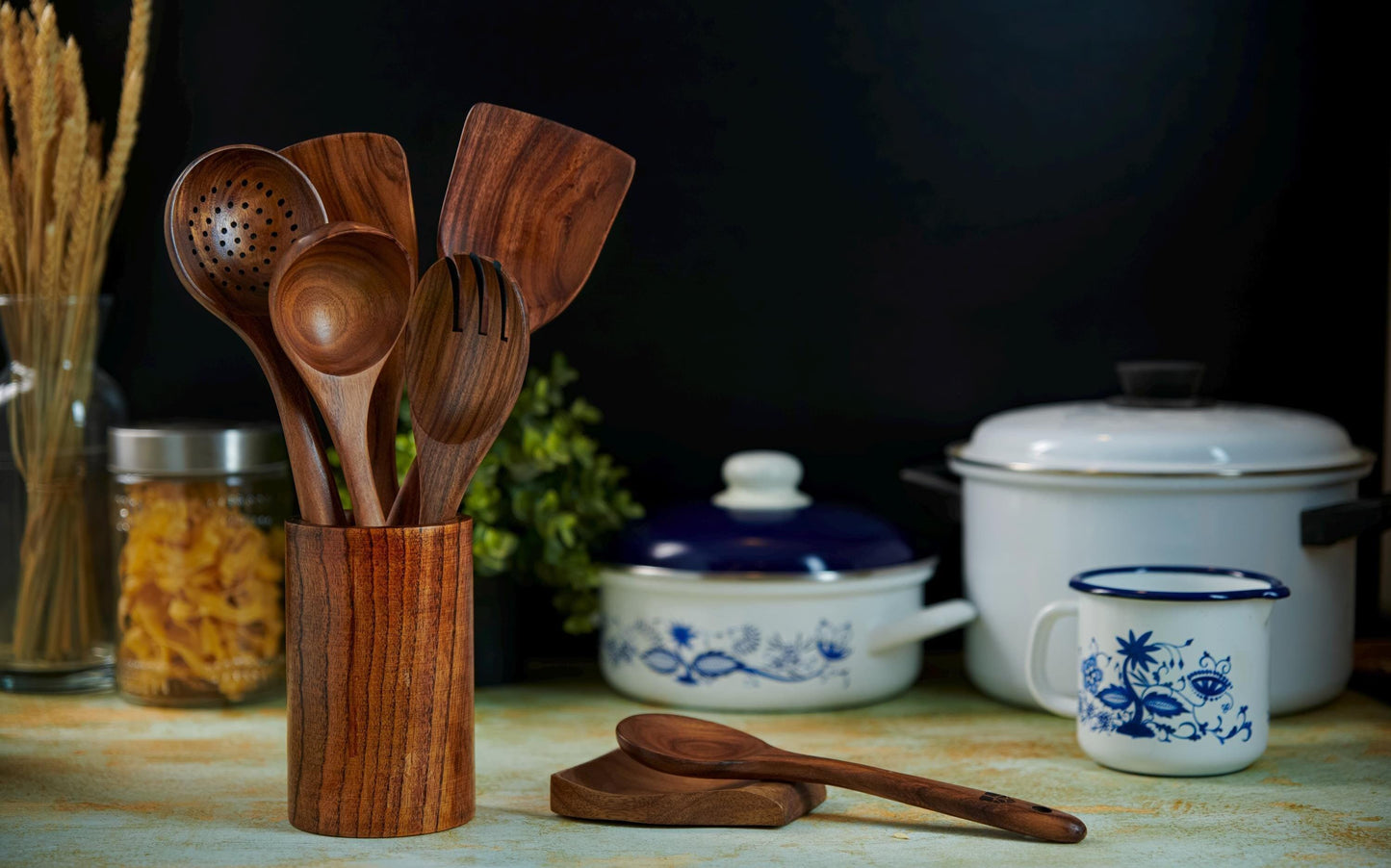 Teak Kitchen Utensil Set: Wooden Spoons, Spatulas, Ladle & Holder.