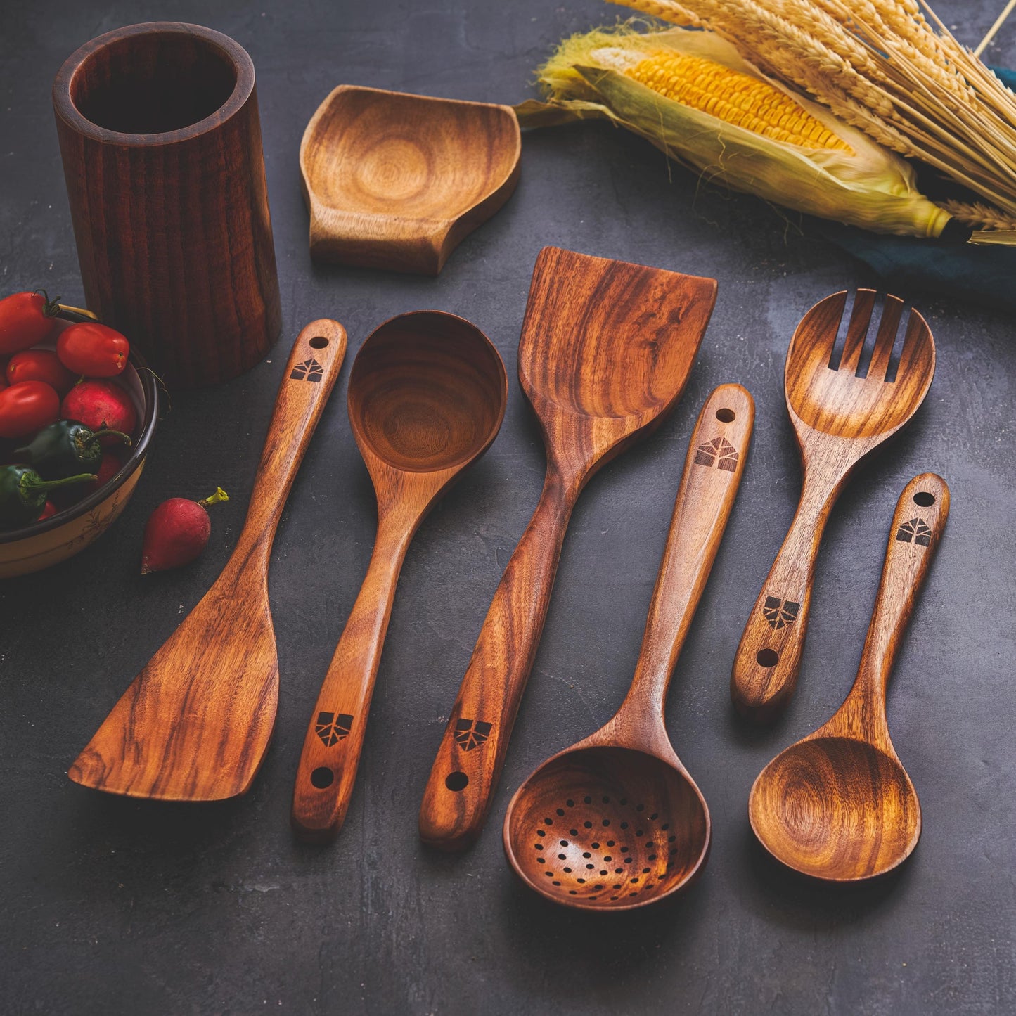 Teak Kitchen Utensil Set: Wooden Spoons, Spatulas, Ladle &amp; Holder.