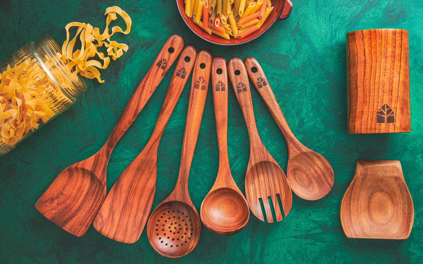 Teak Kitchen Utensil Set: Wooden Spoons, Spatulas, Ladle &amp; Holder.