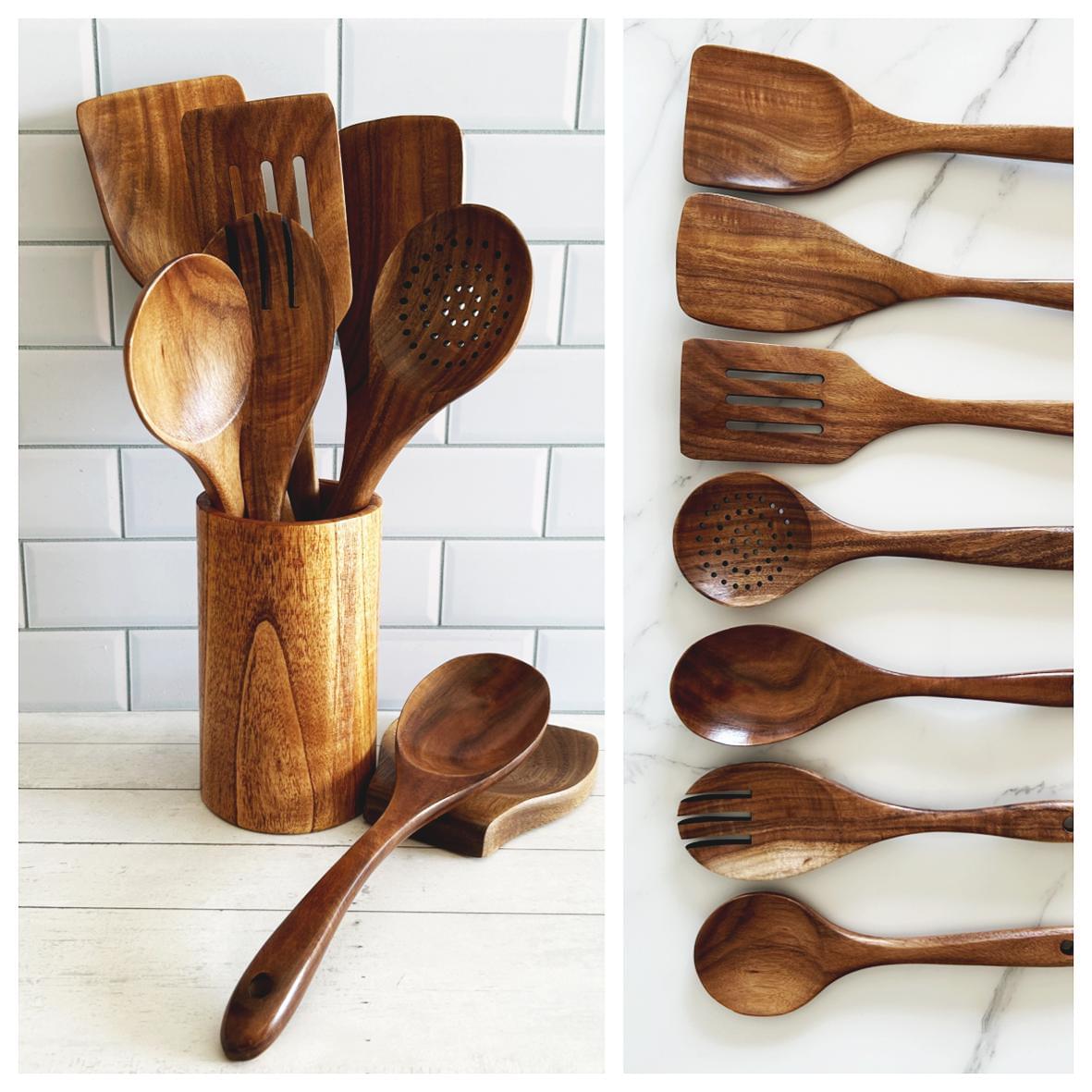 9-Piece Teak Wood Kitchen Utensil Set | Heat-Resistant &amp; Durable | Includes Spatulas, Spaghetti Spoon, Salad Fork, Utensil Holder and More.