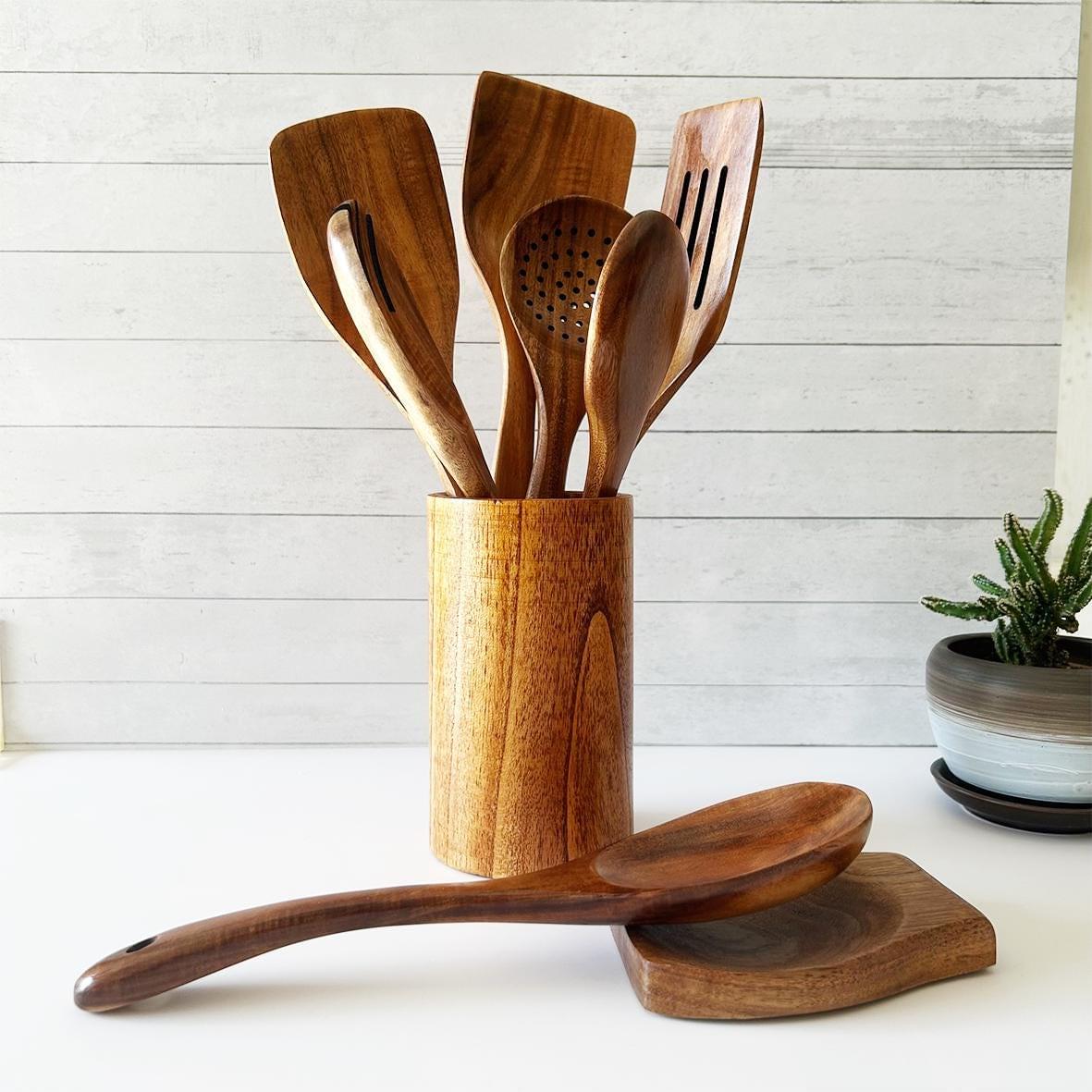 9-Piece Teak Wood Kitchen Utensil Set | Heat-Resistant &amp; Durable | Includes Spatulas, Spaghetti Spoon, Salad Fork, Utensil Holder and More.
