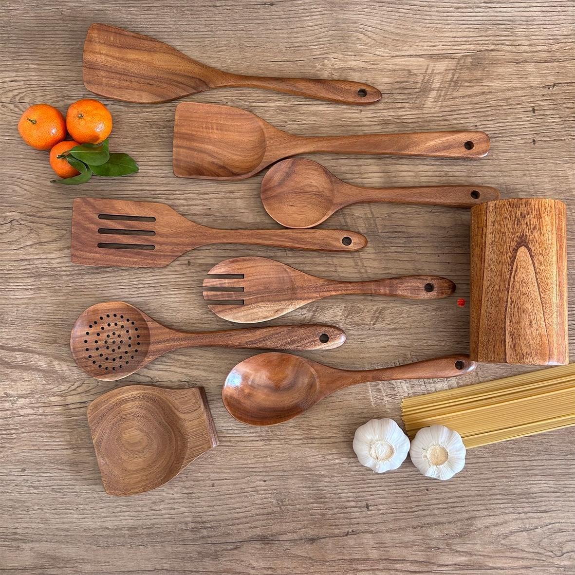 9-Piece Teak Wood Kitchen Utensil Set | Heat-Resistant &amp; Durable | Includes Spatulas, Spaghetti Spoon, Salad Fork, Utensil Holder and More.