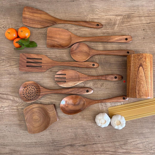 9-Piece Teak Wood Kitchen Utensil Set | Heat-Resistant &amp; Durable | Includes Spatulas, Spaghetti Spoon, Salad Fork, Utensil Holder and More.
