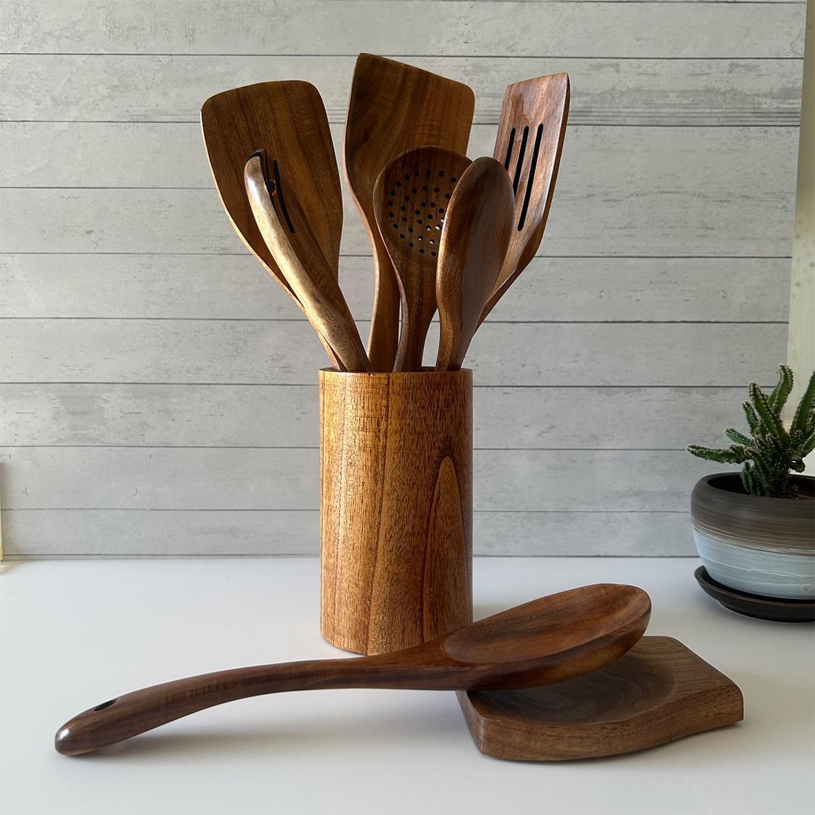 9-Piece Teak Wood Kitchen Utensil Set | Heat-Resistant &amp; Durable | Includes Spatulas, Spaghetti Spoon, Salad Fork, Utensil Holder and More.