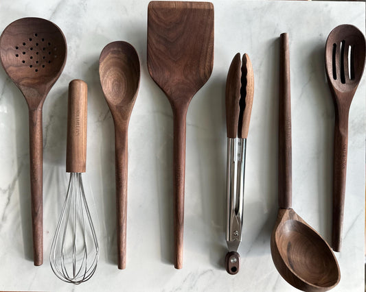 Walnut Wood Kitchen Utensil Set, Handcrafted Natural Cooking Tool, Nontoxic, Plastic-Free, Safe for Nonstick Cookware, Kitchen Wedding Gift.