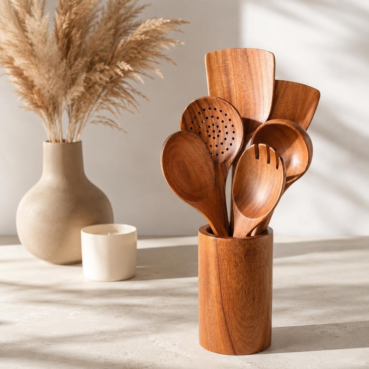 Wooden spatula- 7 Piece|Teak Wood Kitchen Utensil Set | Non-Stick Cookware.