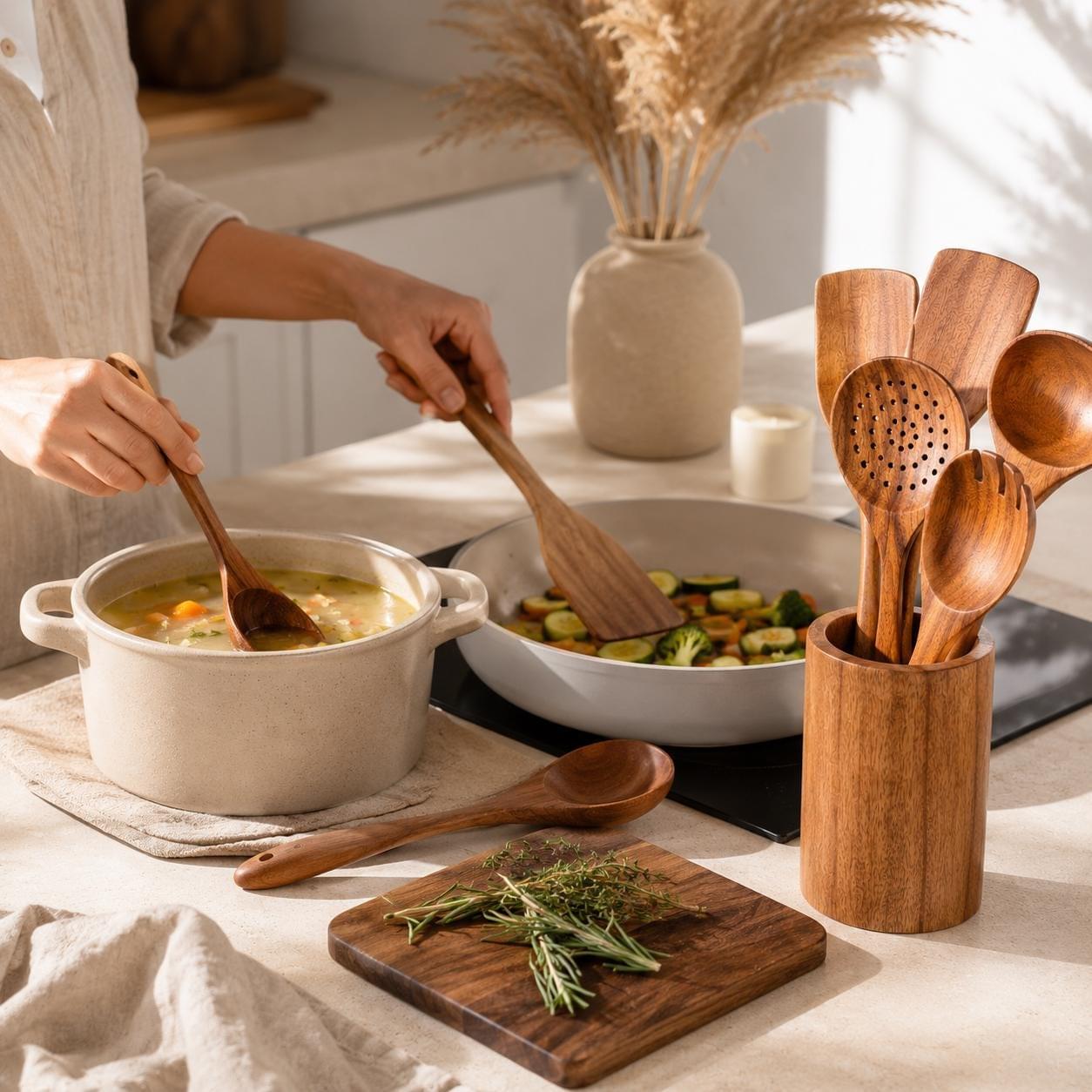 Wooden spatula- 7 Piece|Teak Wood Kitchen Utensil Set | Non-Stick Cookware.