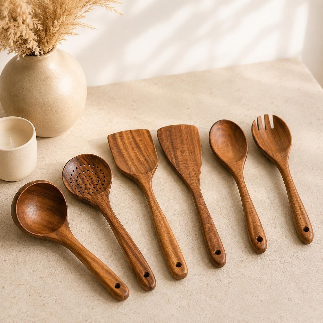 Wooden spatula- 7 Piece|Teak Wood Kitchen Utensil Set | Non-Stick Cookware.