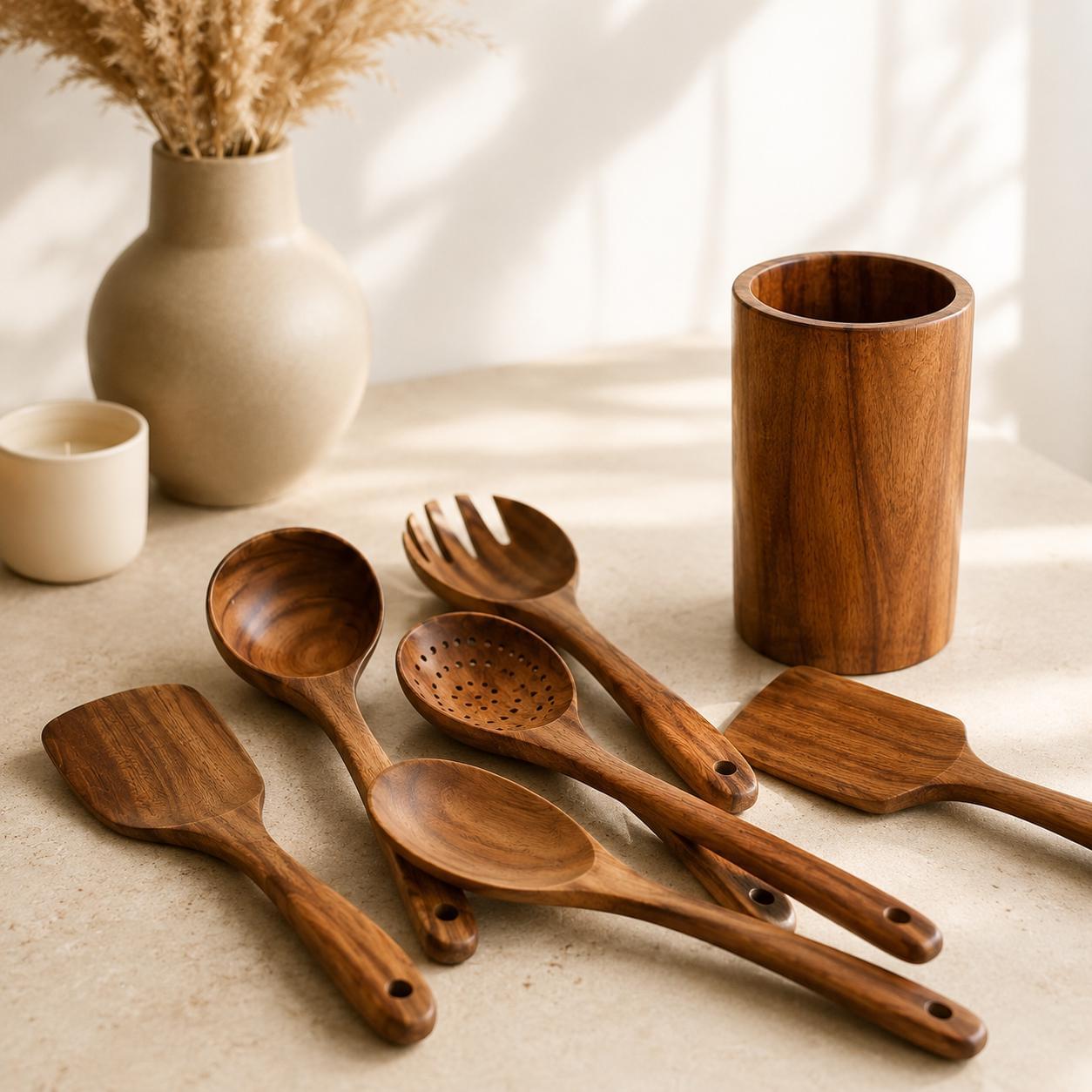 Wooden spatula- 7 Piece|Teak Wood Kitchen Utensil Set | Non-Stick Cookware.