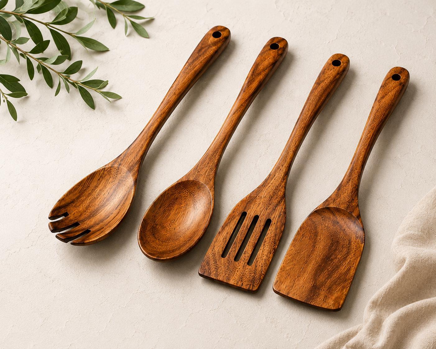 Acacia Wood Cooking Utensil Set, 4 Piece Wooden Kitchen Tools, Spoon &amp; Spatula Set, Nonstick Safe, Housewarming Gift.