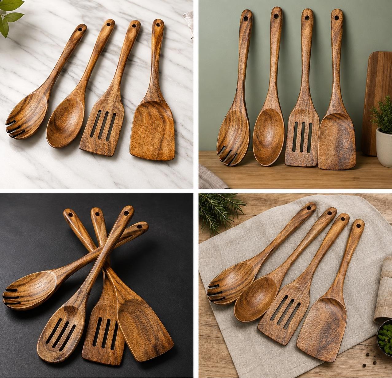 Acacia Wood Cooking Utensil Set, 4 Piece Wooden Kitchen Tools, Spoon &amp; Spatula Set, Nonstick Safe, Housewarming Gift.