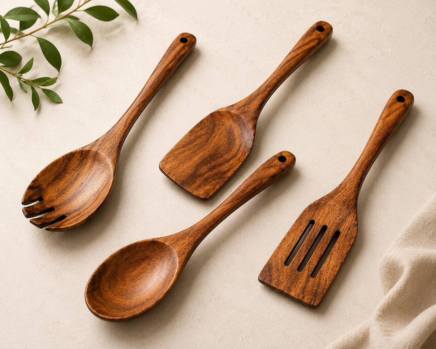 Acacia Wood Cooking Utensil Set, 4 Piece Wooden Kitchen Tools, Spoon &amp; Spatula Set, Nonstick Safe, Housewarming Gift.