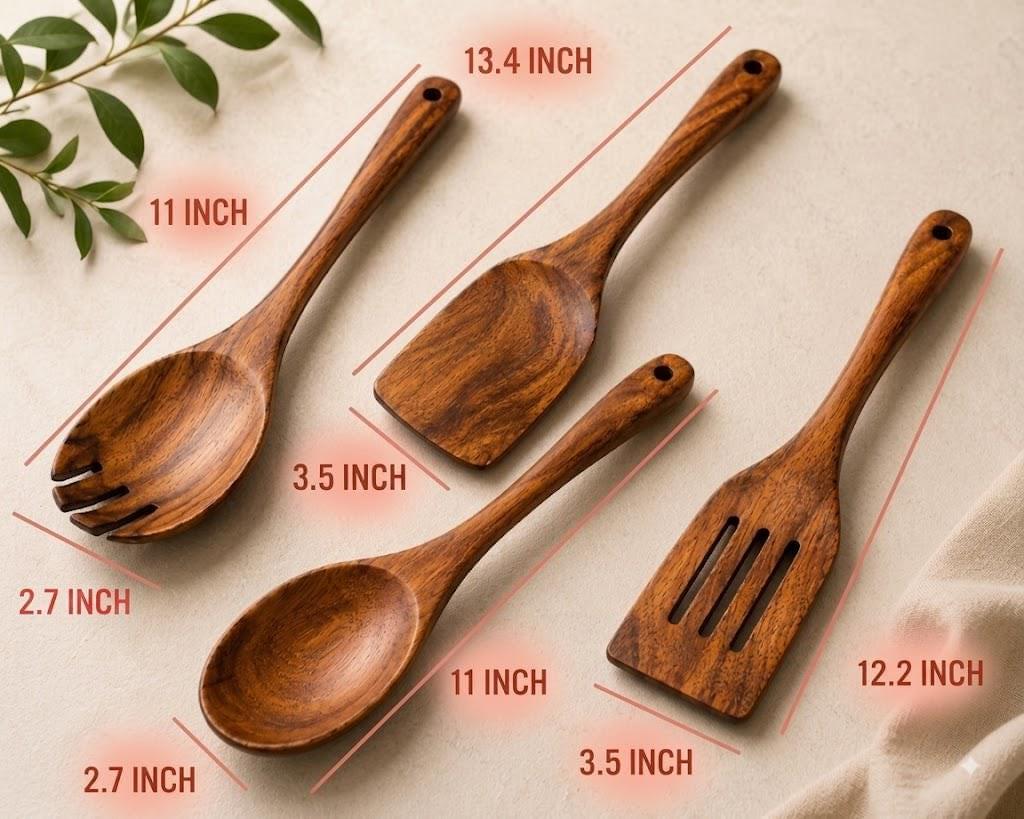 Acacia Wood Cooking Utensil Set, 4 Piece Wooden Kitchen Tools, Spoon &amp; Spatula Set, Nonstick Safe, Housewarming Gift.
